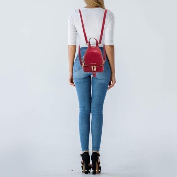 Michael Kors Red Grained Leather Mini Rhea Backpack - Picture 1 of 9